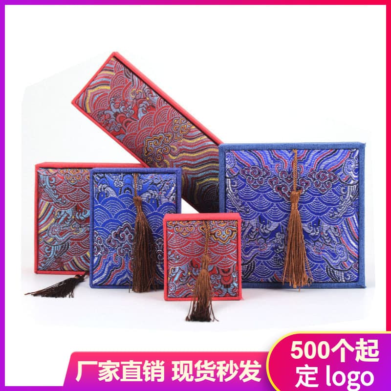 Spot red blue linen printed jewelry box Buddha beads and strings retro jewelry flip-top tassel box