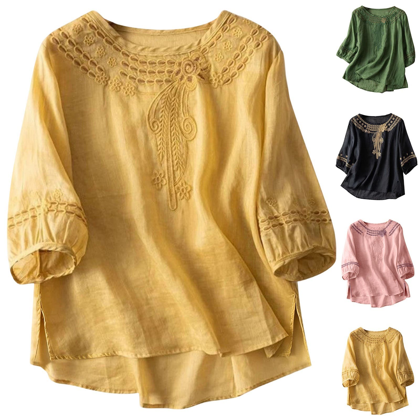 European and American Large Size Embroidered Blouse Women's Summer New Loose Retro Embroidery Split Top
