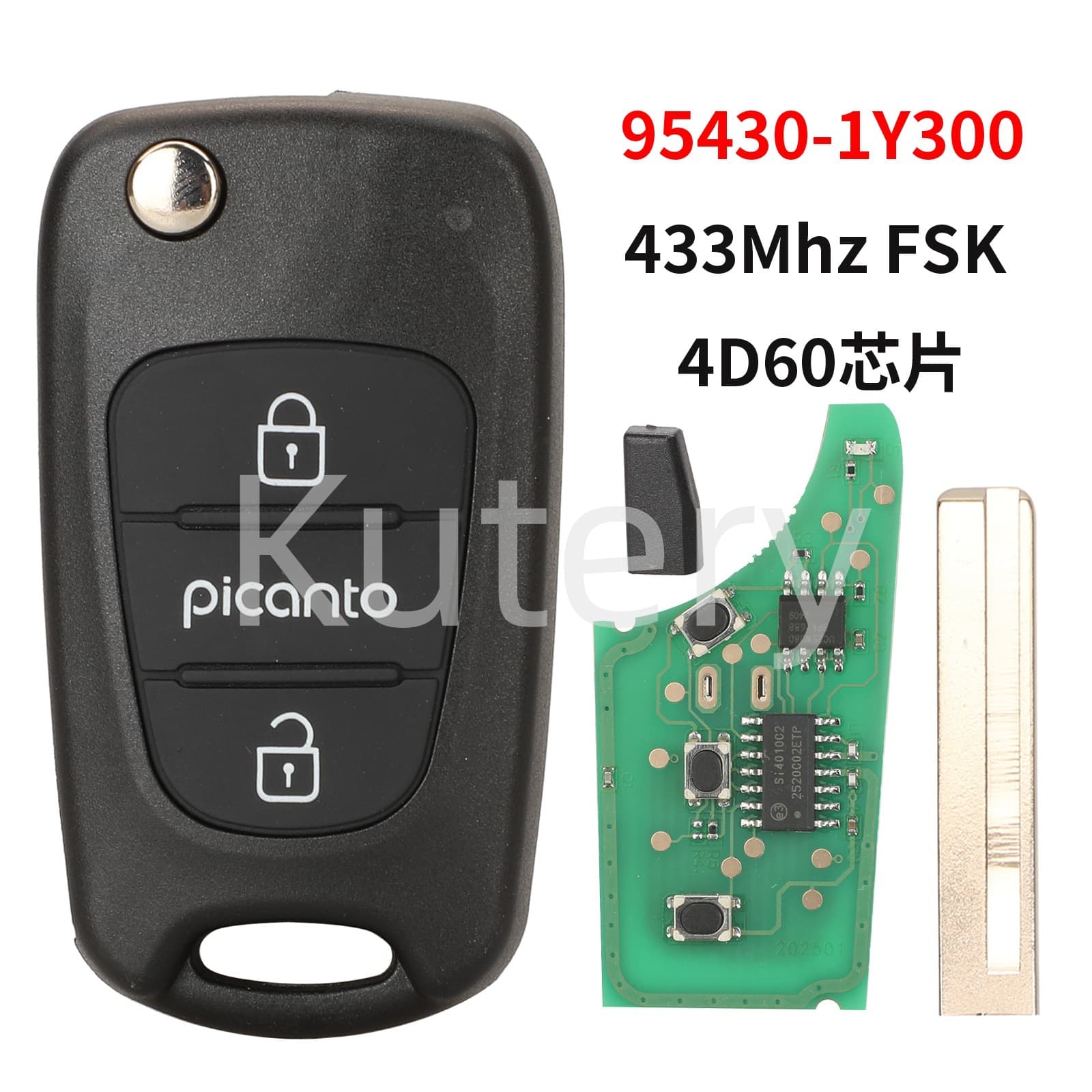 Remote Car Key for Kia 3-Button Picanto 433MHz ID60 Chip 95430-1Y300
