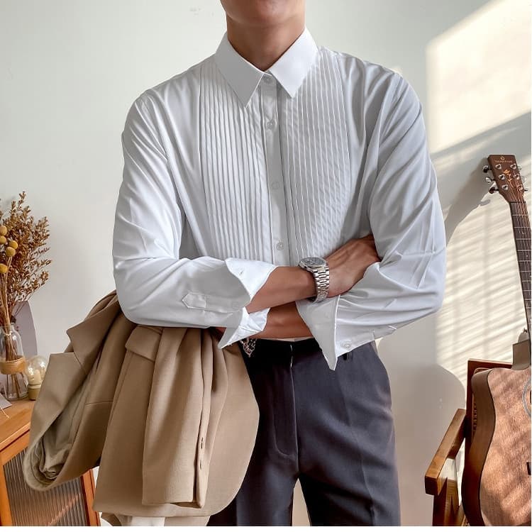 Cross-border High Quality Men's Long Sleeve Shirt with Court-style Pleated Design, Wedding Groom Dress Shirt for Banquet