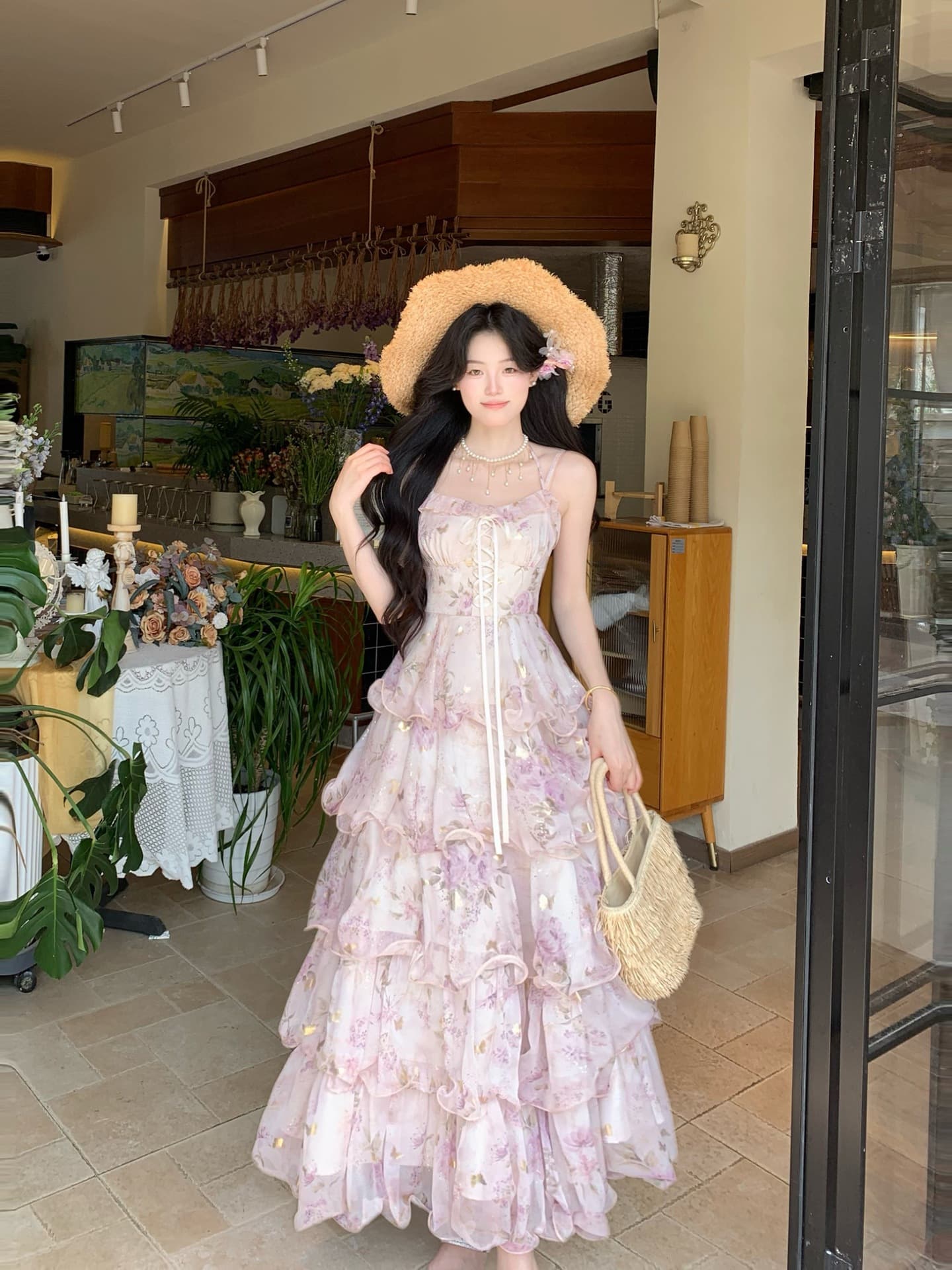 Blovelan Begonia Light Dream Summer New French Floral Print Camisole Dress with Tie Waist and Multi-Layer Long Skirt