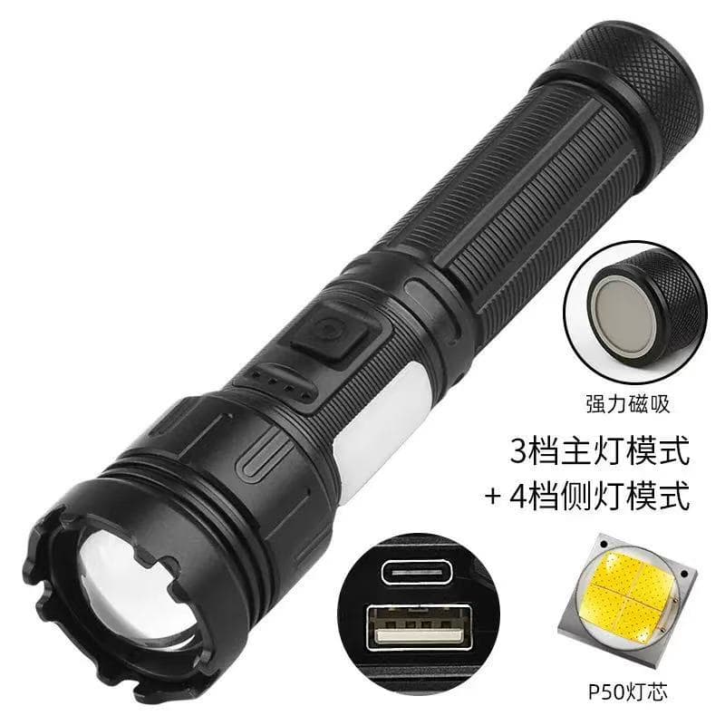 2025 Magnetic Tail Cross-Border Rechargeable High-Lumen P50 Outdoor Built-in Battery Ultra-Bright Camping Patrol LED Large Flashlight