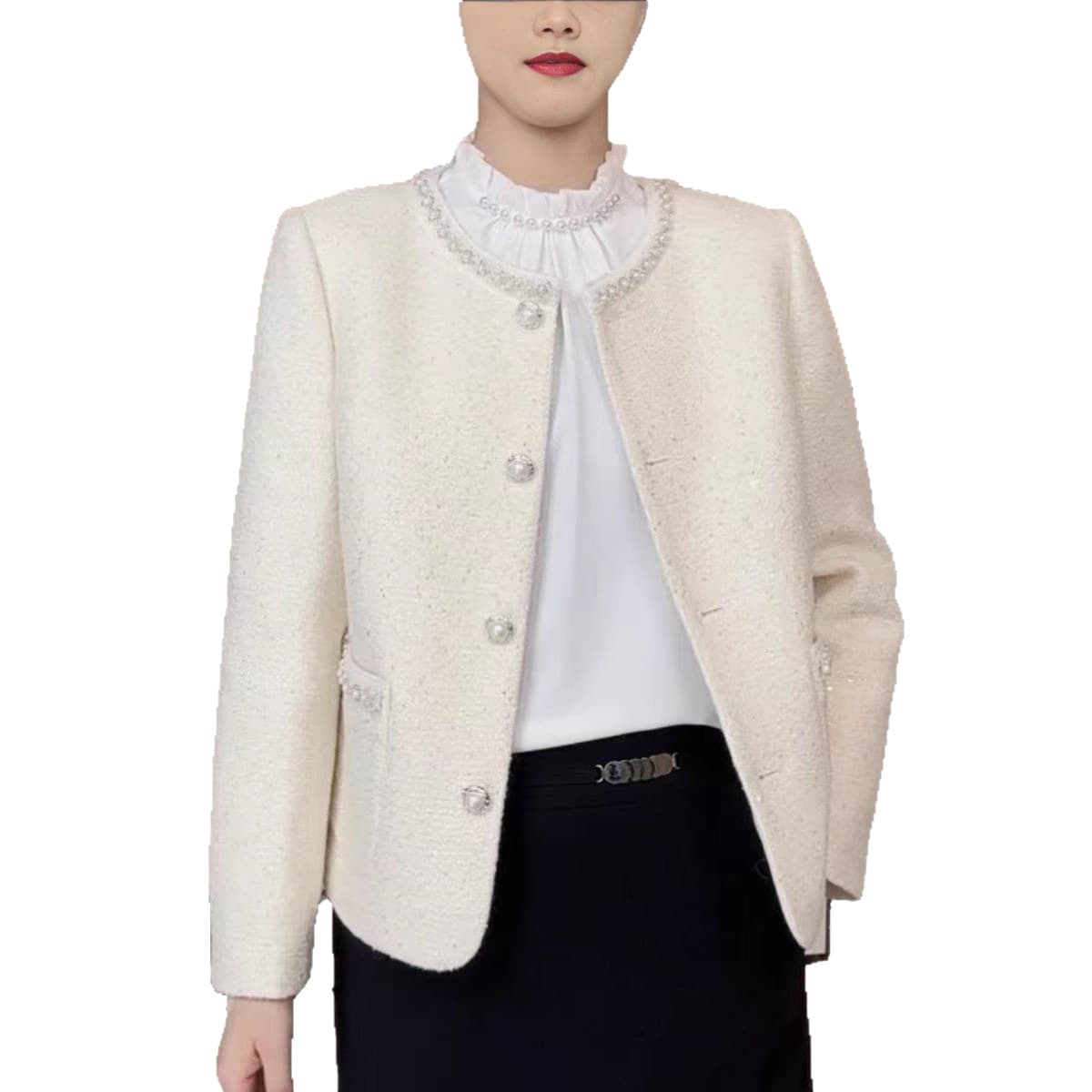 Plus Size Women's Spring Slimming Elegant Round Neck Regular Shoulder Chanel-Style Short Jacket Top