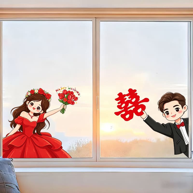 Double Happiness Wedding Static Cling Decoration Set, Wedding Room Decor, New Home Decoration Stickers, Living Room Wall Stickers