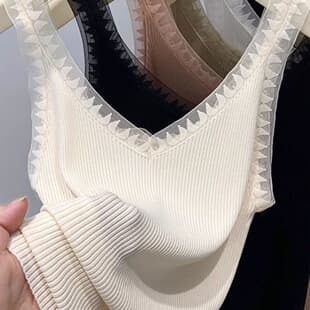 French Chic Sweet Spicy V-Neck Camisole Top Women Summer Versatile Sexy Ice Silk Knit Lace Sleeveless Blouse