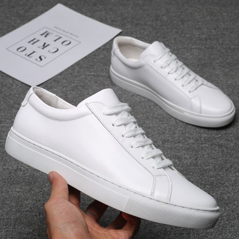 Men's Casual Thick Bottom Leather Shoes Breathable Upgraded Version Flat Heel round Toe Lace-Up All-Match White Leisure Loafers