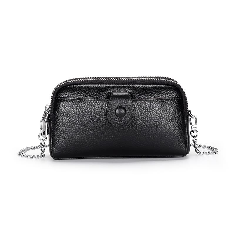 2026 New Women's Genuine Leather Clutch Bag Chain Mini Square Bag Top Layer Cowhide Double Zipper Compartment Women's Phone Bag