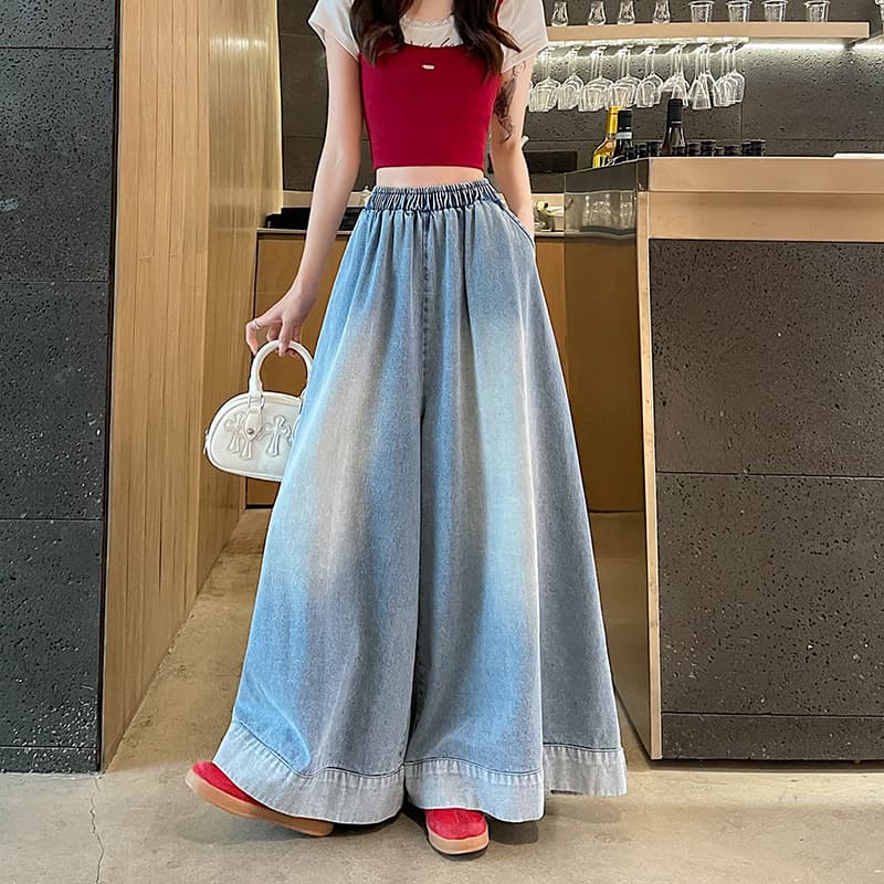 Spring Rolled-Up Retro Straight Leg Jeans for Women, American Style, Loose Fit, Floor-Length Wide Leg Pants/Skirt