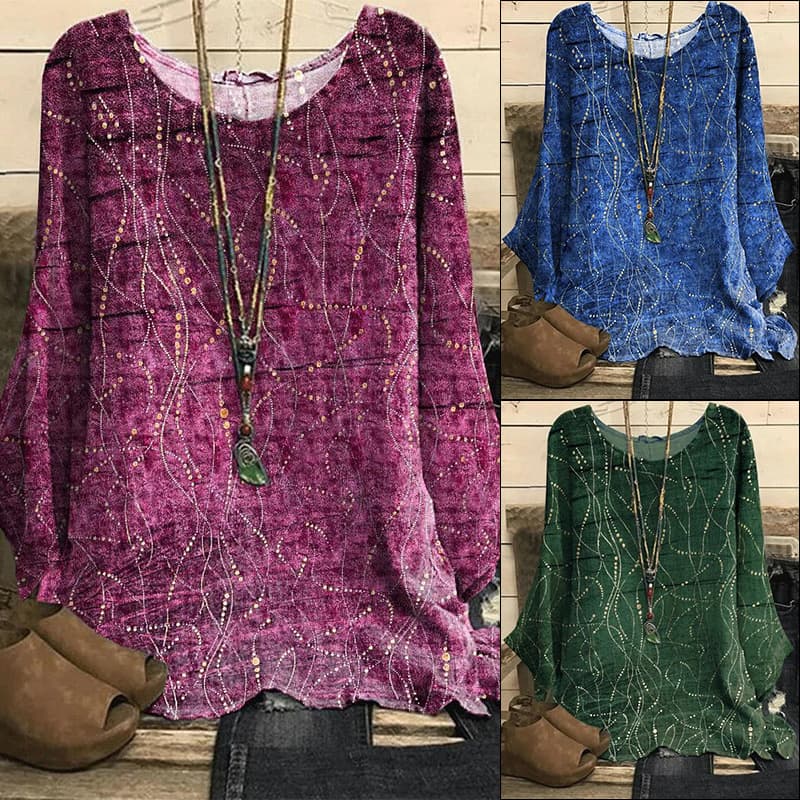 Fashionable Printed Rhinestone Casual Loose T-Shirt Top for Women plus Size Autumn Winter Comfortable Polyester round Neck Long Sleeve