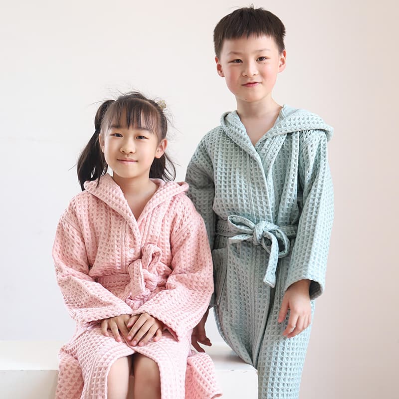 Children's pure cotton bathrobe, waffle knit, double-layered, thickened bathrobe, loungewear, Class A, for medium and large children, boys and girls, absorbent.