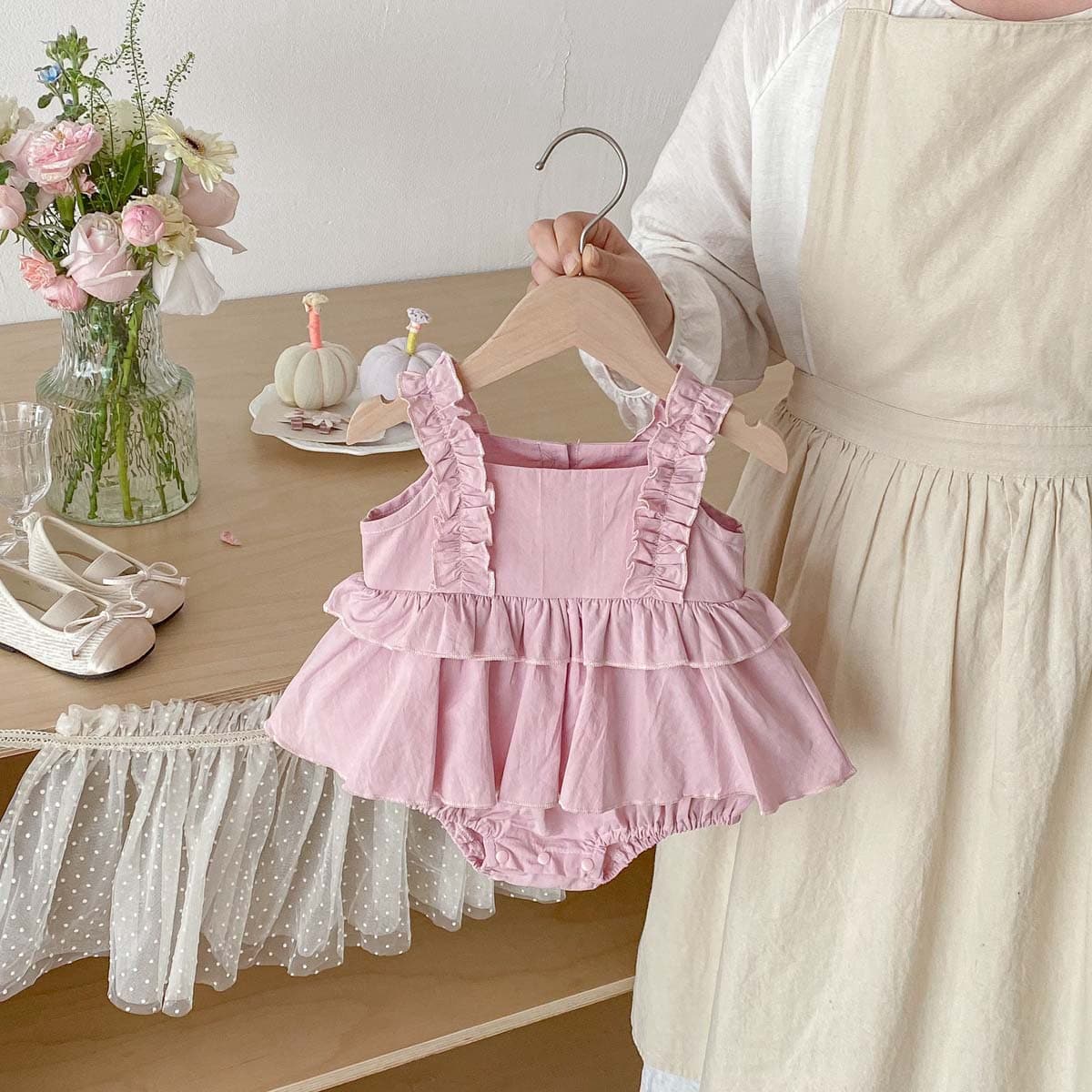 Ruffle Strap Camisole Korean Square Neck Summer Thin Sweet Baby Girl Bodysuit Dress Newborn Outfit