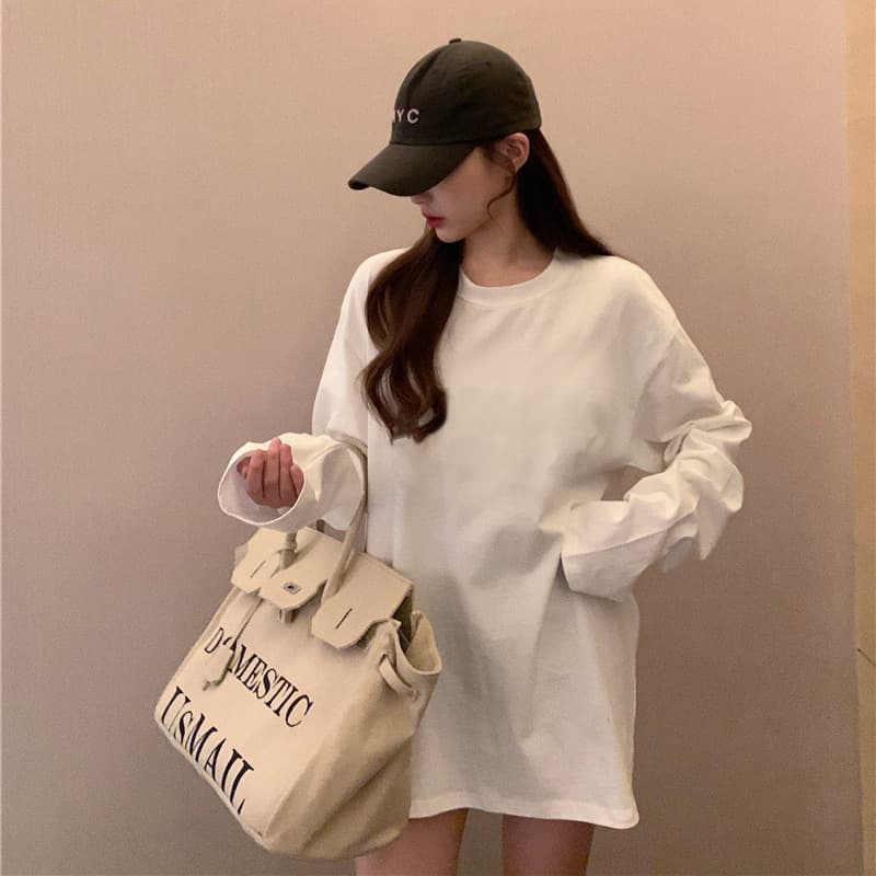 Korean Style White Long Sleeve T-Shirt for Women, Autumn Loose Fit Sweatshirt Inner Layer Base Top, Winter Top