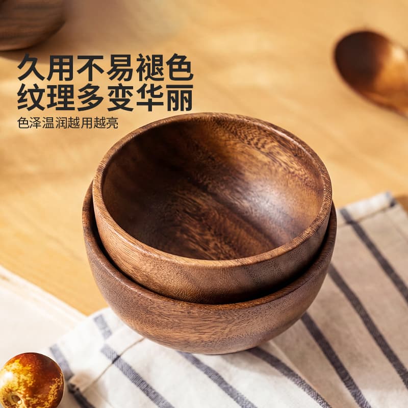 Acacia Wood Bowls - Japanese Style Household Wooden Bowls, Heat-Resistant Solid Wood Noodle Bowls, Salad Bowls
