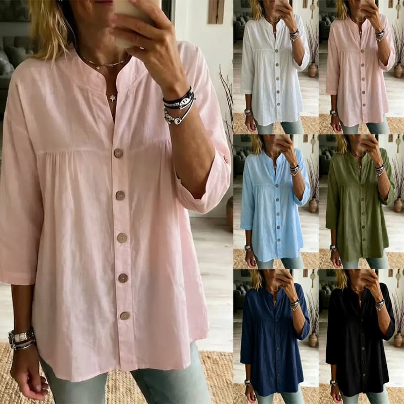 2026 Spring/Summer New Cotton Linen Shirt Women Fashion Casual Retro Artistic Solid Color 3/4 Sleeve Top