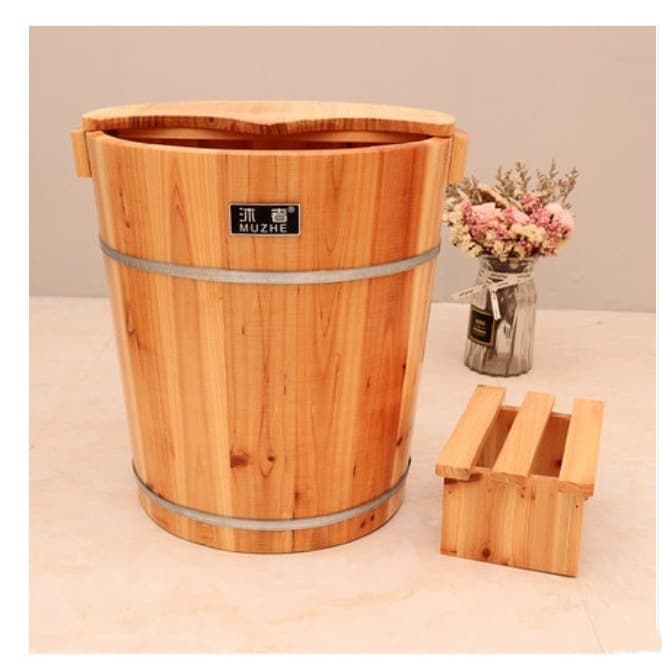 Fir Wood Foot Bath Tub, 40cm Tibetan Medicine Steaming Tub for Home or Foot Spa Use