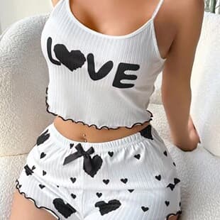 Cross-Border 2025 Summer Heart Pattern Ribbed European & American Plus Size New Casual Set Women's Short Loungewear Pajamas 417