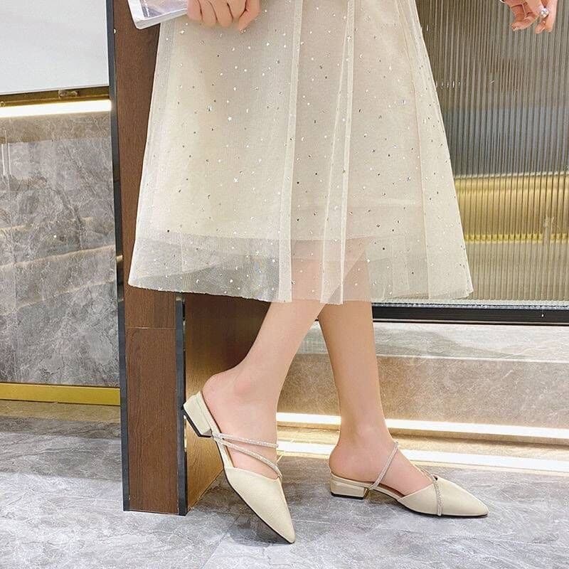 Fashion 2026 Rhinestone Fairy Sandals New Low Pointed Toe Mules Summer Baotou Half Slippers Women's Shoes Thick Heels
