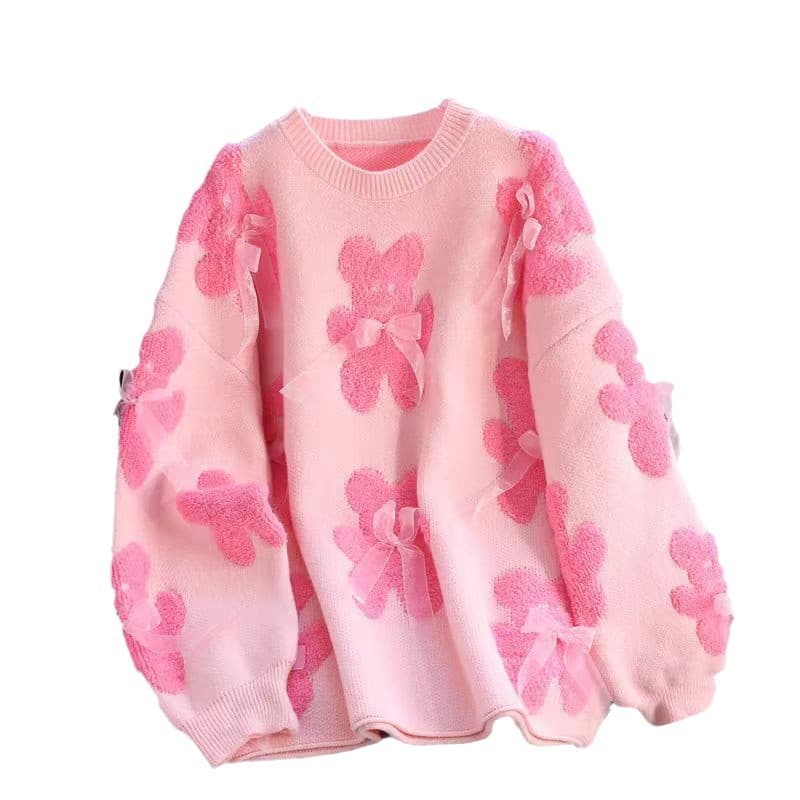 Korean Style Mid-Length Knit Sweater for Women Fall Winter 2025 New Bear Print Loose Casual Round Neck