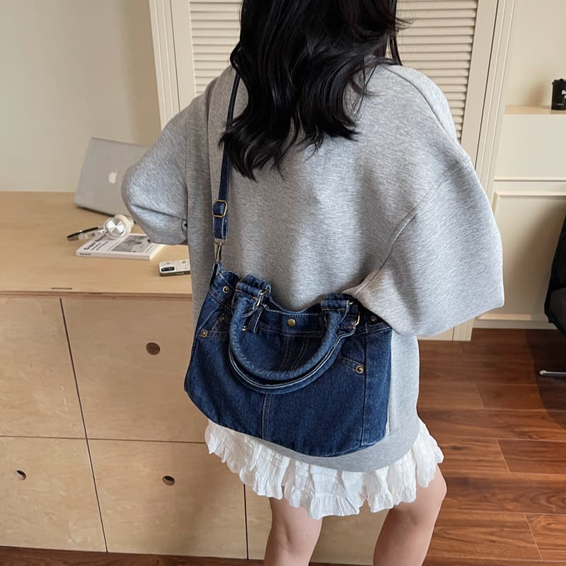 New ins lazy style washed denim canvas bag women's shoulder bag Korean style college casual large capacity backpack