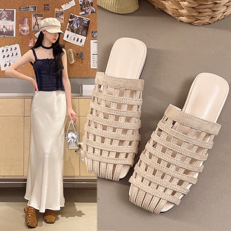 Woven Open Toe Half Slippers Women 2026 Summer New Thick Heel Fairy Style Fashion Sandals for Dresses