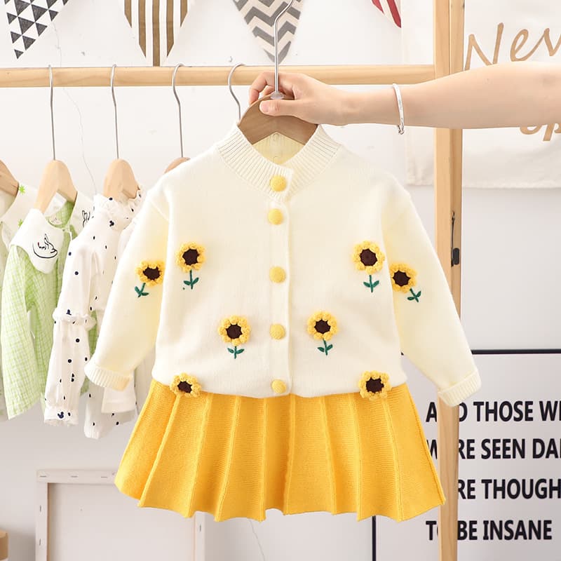 Drop Shipping [Jinyong] Girls Knit Cardigan Children's Sweater Baby Girl Stylish Two-Piece Set