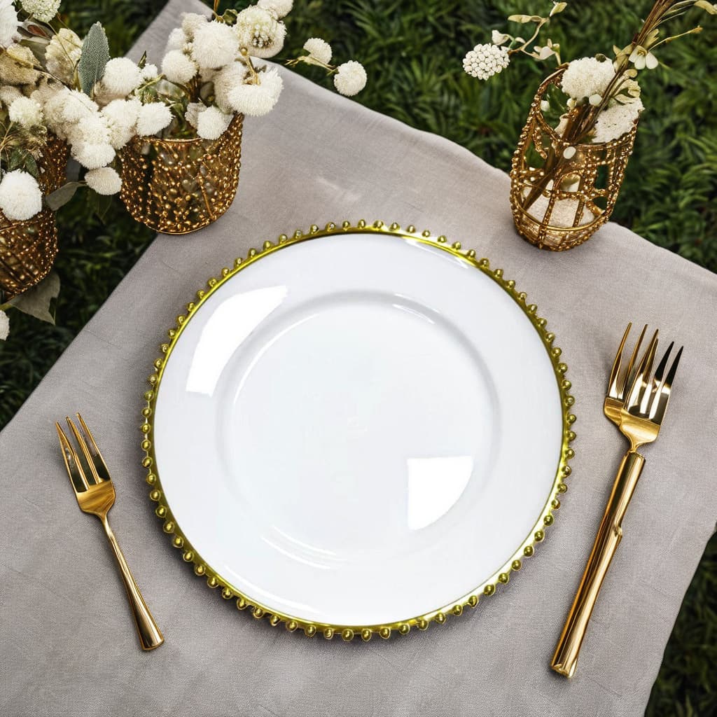 Wholesale Plastic Transparent Bead Plate White Western Style Premium Business Gold Bead Edge Round Plate Light Luxury Western Food Plate