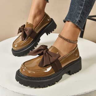 Cross-border Bow Loafers for Women 2025 Korean Thick Heel Slip-on British Retro Leather Shoes