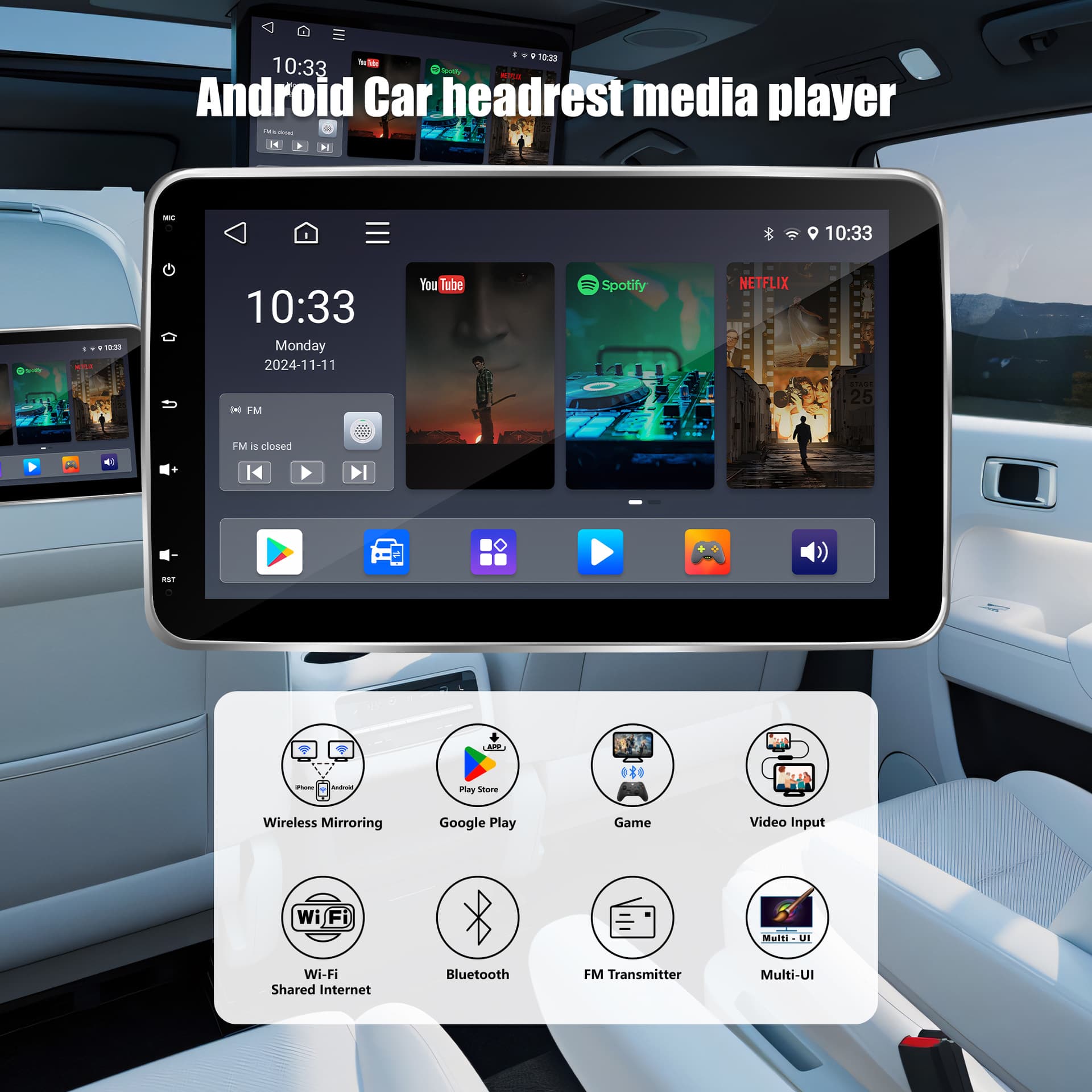 10 inch car headrest display android car player mp5 high definition carplay car rear entertainment screen