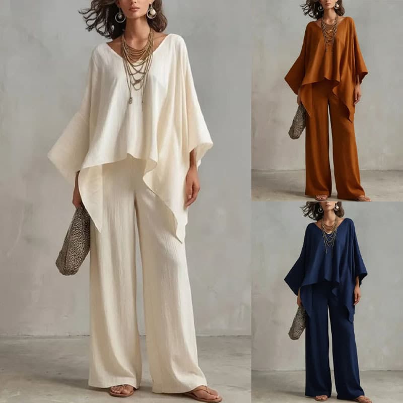 Cross-Border New European and American Women's Clothing, Loose V-Neck Top, High-Waisted Wide-Leg Pants Set, Casual Vacation Style Two-Piece Set