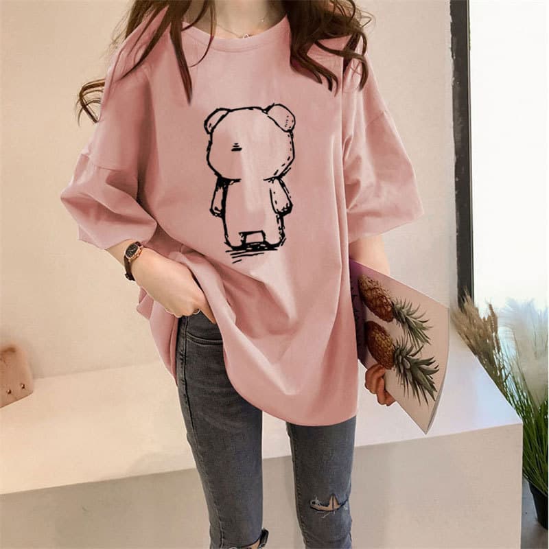 2025 Summer Korean Cartoon Print Short Sleeve T-Shirt Women's Mid-Length Versatile Top Fashion Plus Size Women's Clothing Dropshipping