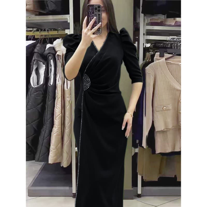 Cross-border Amazon 2023 European and American autumn new three-quarter sleeve V-neck pleated hot diamond dress slim women's clothing