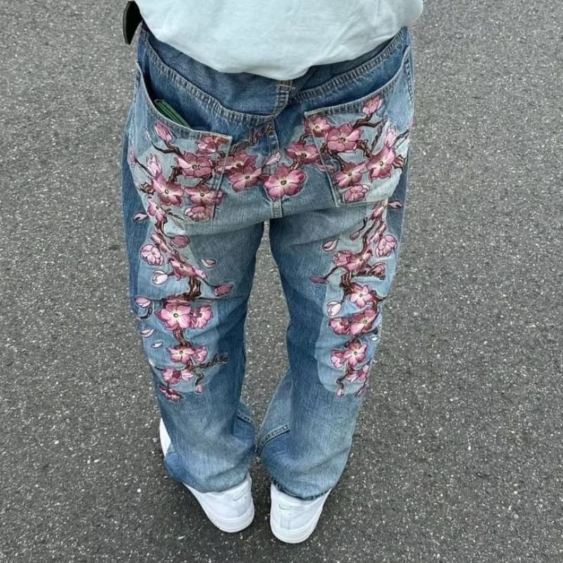 Ins Cross-Border European and American Retro Printed Jeans for Women, Y2K Streetwear Niche Design Loose Fit Versatile Straight Leg Pants Trendy