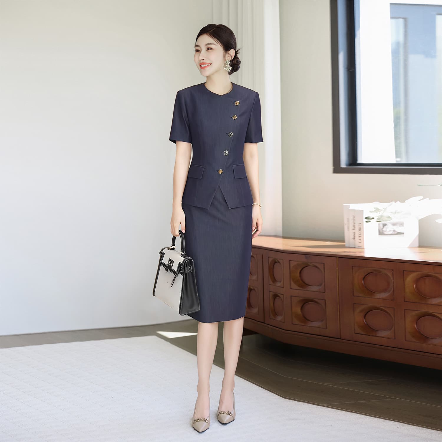 Navy Blue Women's Suit Set Summer New Fashionable Elegant Office Professional Workwear for Jewelry Store Reception Staff