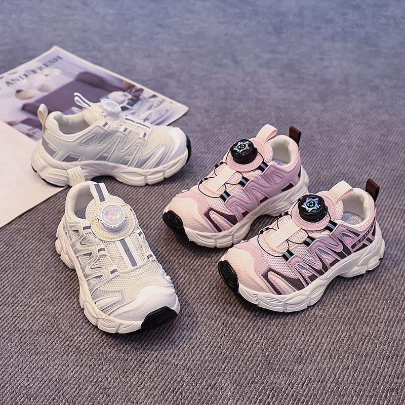 Pink Rotating Buckle Double Mesh Sneakers for Girls 2026 New Autumn Children's Shoes Dad Shoes Boys' White Shoes
