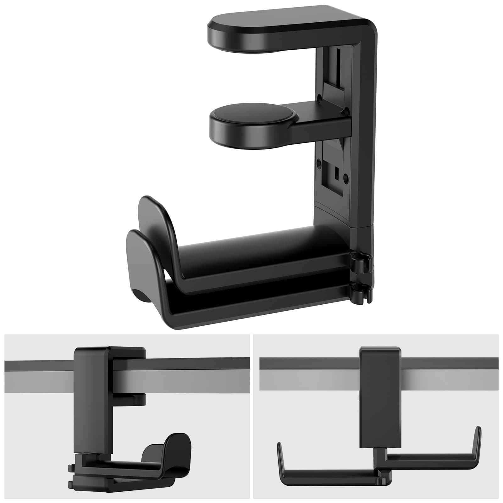 Dual Hook Rotatable Headphone Stand, Custom Clamp-On Desk Edge Hanger with 360-Degree Rotation