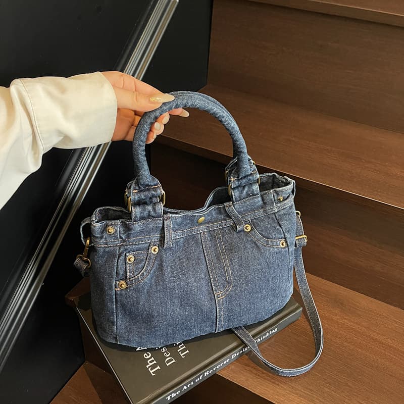 Hong Kong style denim handbag women's large capacity versatile lightweight retro tote bag simple casual student class bag