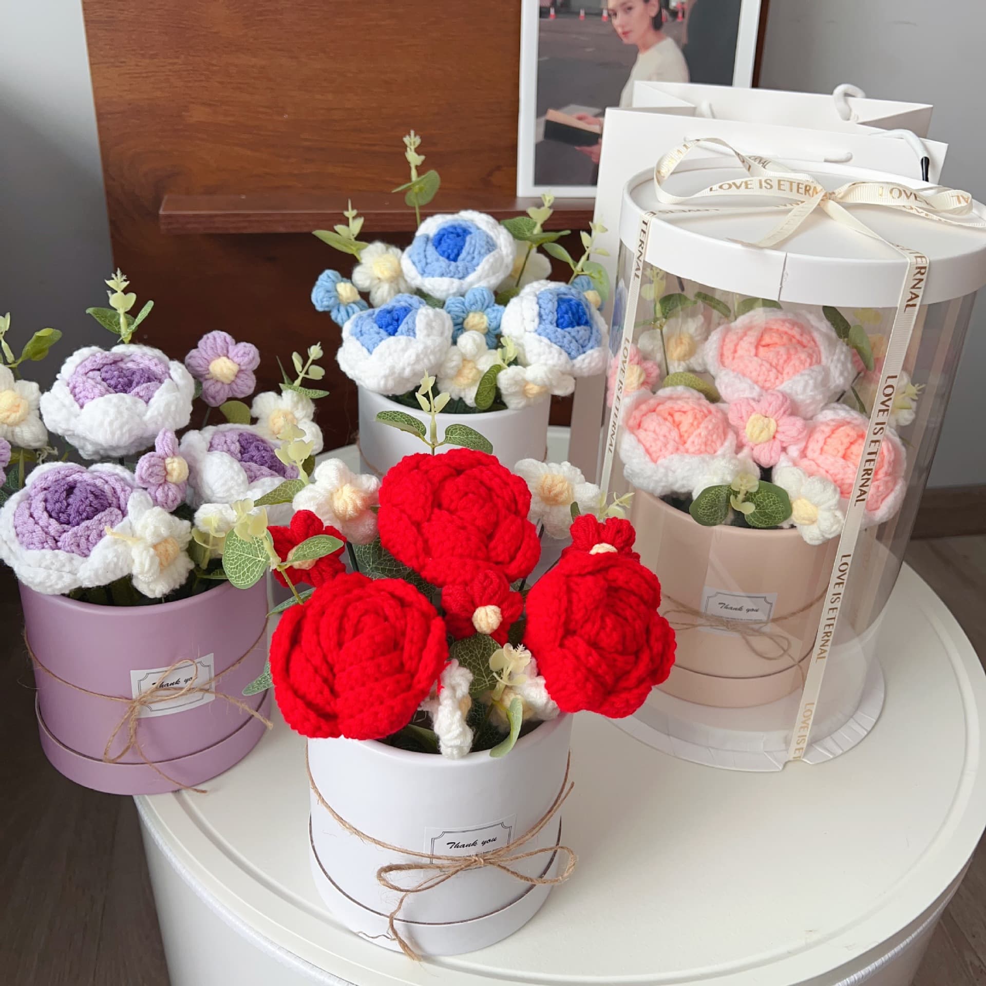 Knitted Rose Bouquet in a Bucket with Sunflowers, Finished Product Birthday Gift for Women, Mother's Day, Valentine's Day Gift