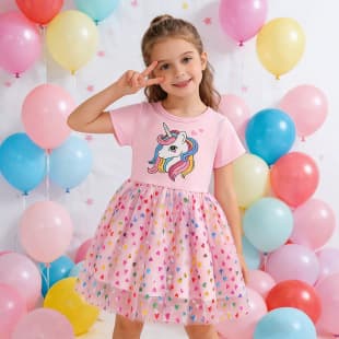 Girls Rainbow Unicorn Heart Print Short Sleeve Tulle Princess Dress Summer Children's June 1st Performance Dress