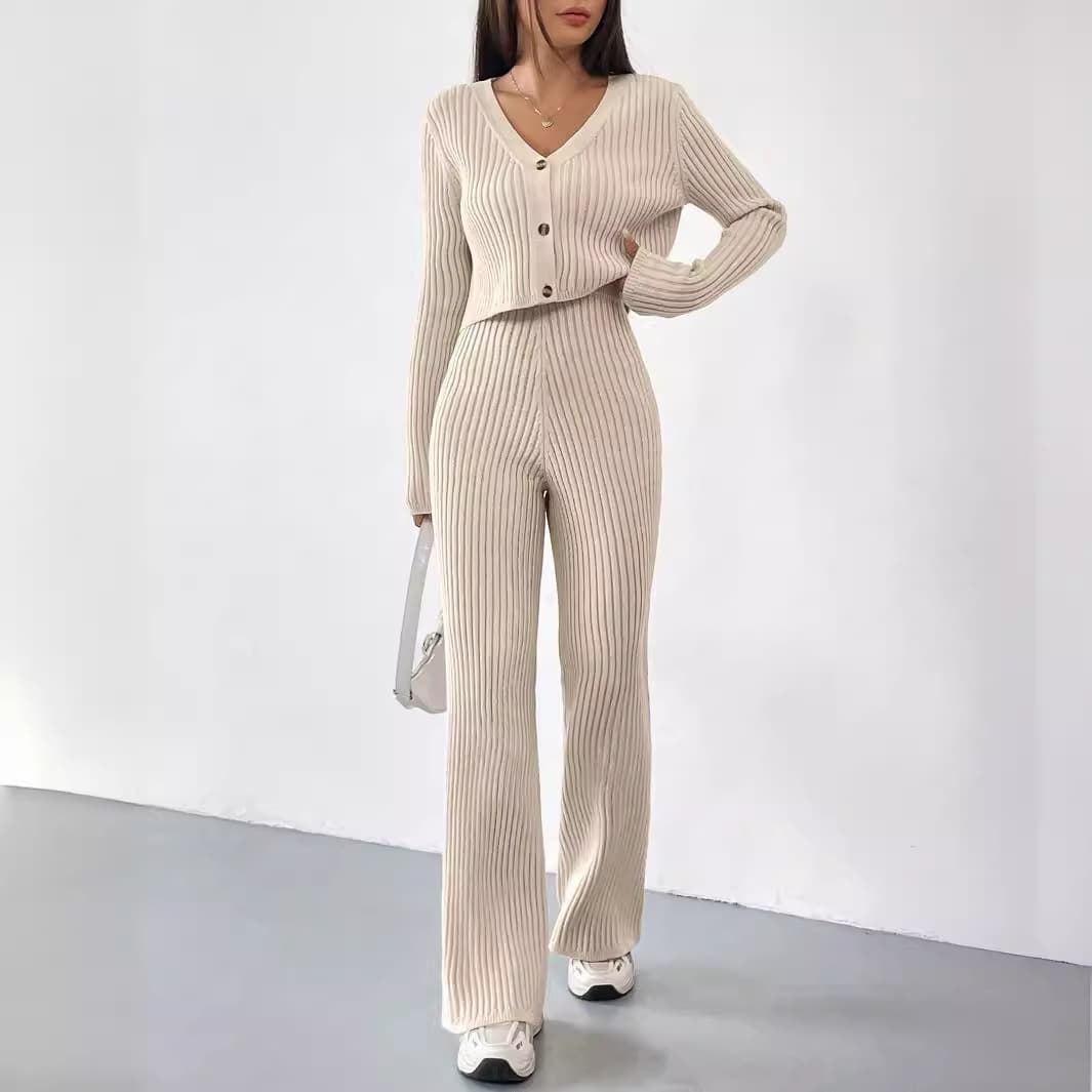 Knitted Women's Two-Piece Set: Cardigan and Flared Pants