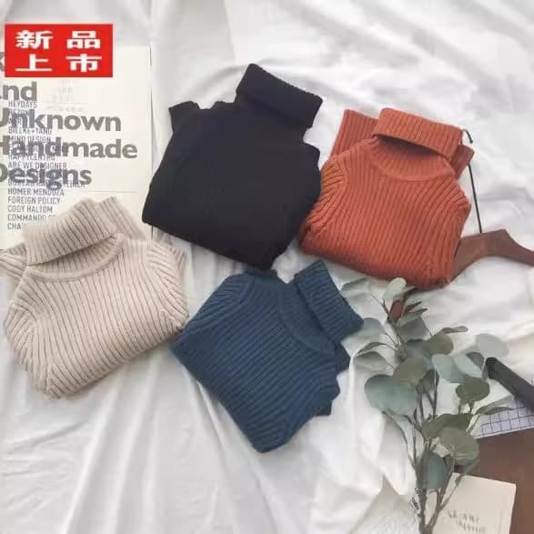 New Autumn and Winter Foreign Trade Clothing for Boys and Girls, Baby Solid Color High-Neck Korean-Style Sweater, Stylish Children's Knitted Base Shirt