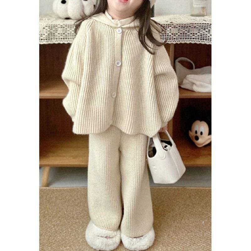 Fashionable Two-Piece Set 2025 Fall/Winter Girls Hooded Knit Cardigan Sweater Wide-Leg Pants Set