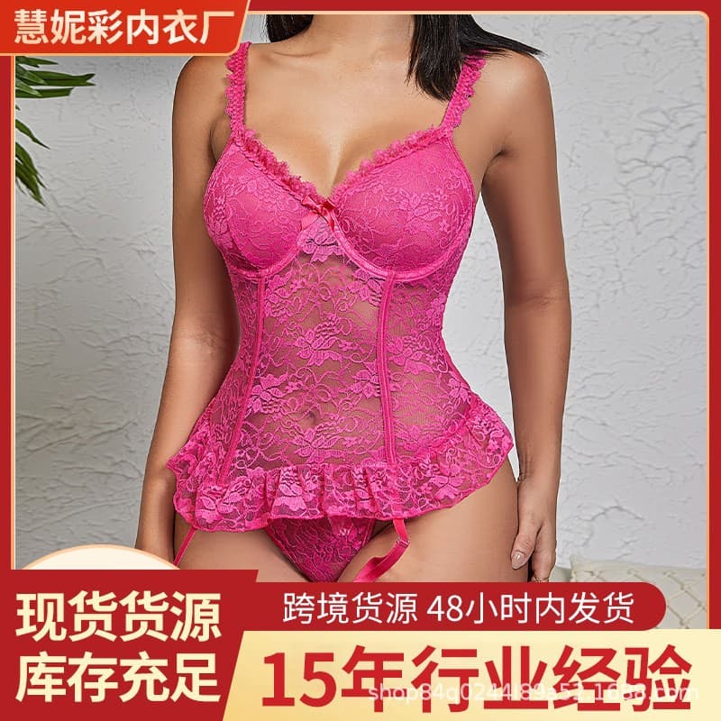 Cross-border Rose Red Lace Camisole Corset Set Sexy Ruffled Lingerie for Women Best-selling Wholesale for Export