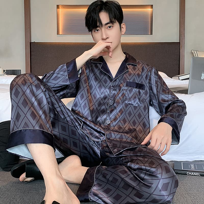 Men's Autumn High-End Ice Silk Long-Sleeve Loose-Fit Plus Size Spring-Autumn Silk Can Be Worn Outside Home Clothes