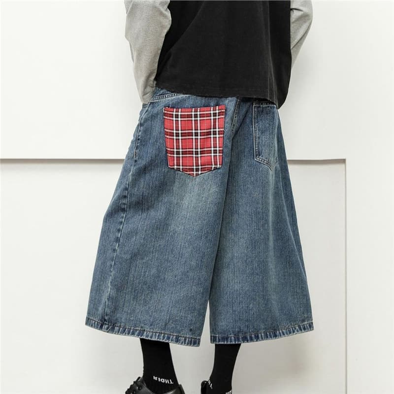 Summer American New Style Plaid Denim Jeans Retro Washed Capri Pants Straight-Leg Trendy Loose Casual Shorts