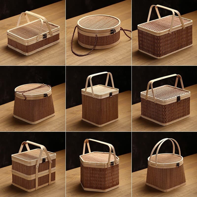 Tea basket, bamboo mooncake basket, bamboo woven round basket, fruit basket, all handmade, gift box packaging for zongzi (sticky rice dumplings) and other New Year's goods.