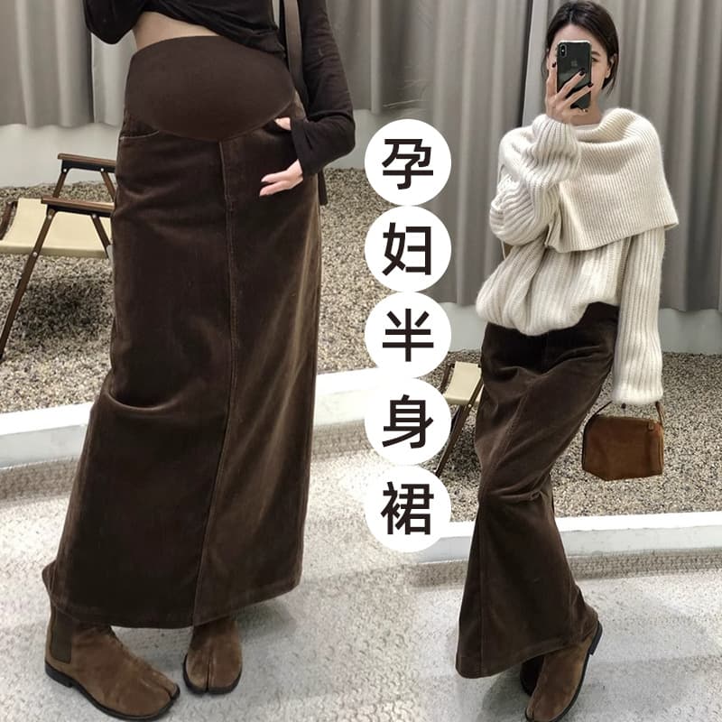 Maternity Thick Corduroy Skirt Autumn/Winter Pencil Skirt One-Step Slit Back Maternity Support Extended Length