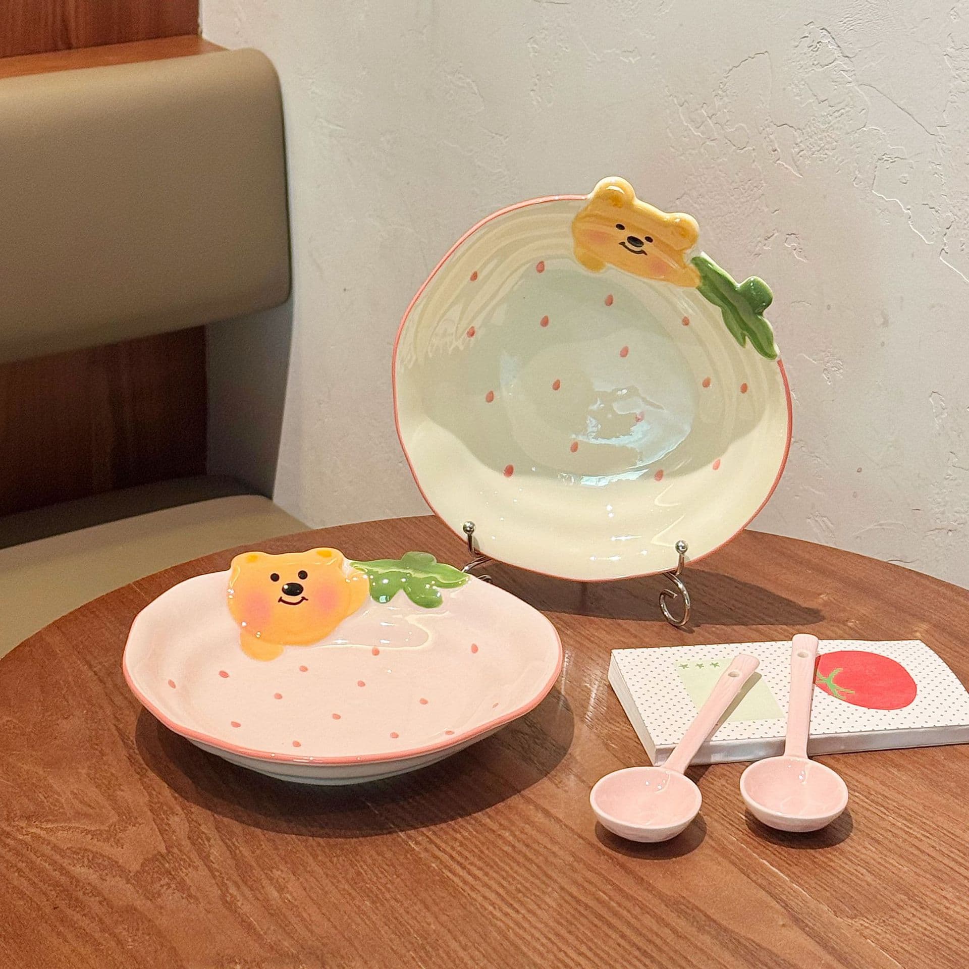 Strawberry Bear Ceramic Plate, Cute Fruit Bowl and Dish Set, Irregular Bowl and Plate, High-Gloss Underglaze Tableware