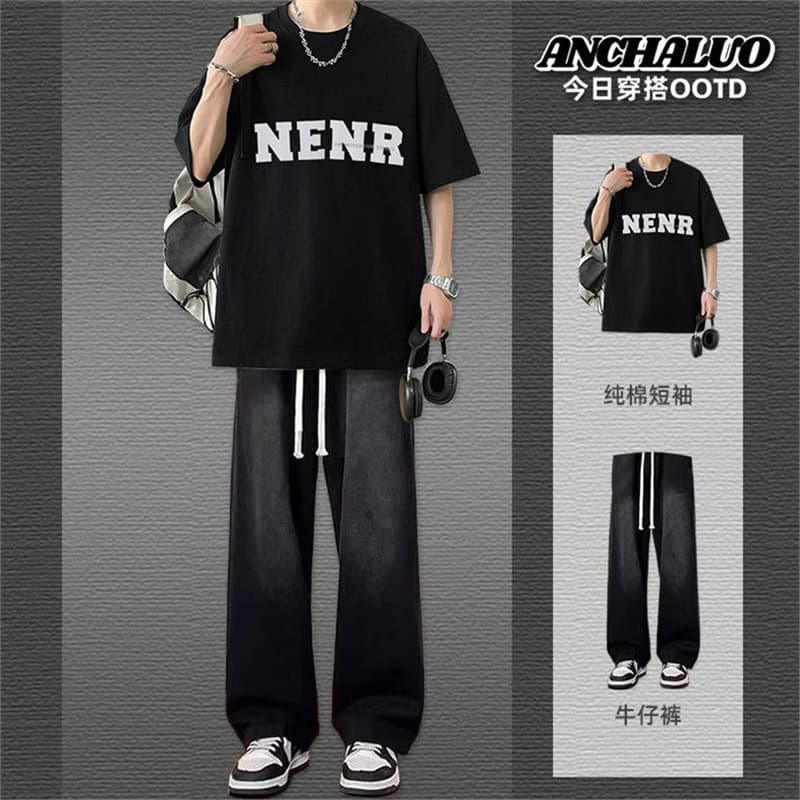 Summer Short Sleeve Set for Men - Complete Outfit Cotton T-Shirt Trendy Men's Wear with Jeans, Cool and Stylish