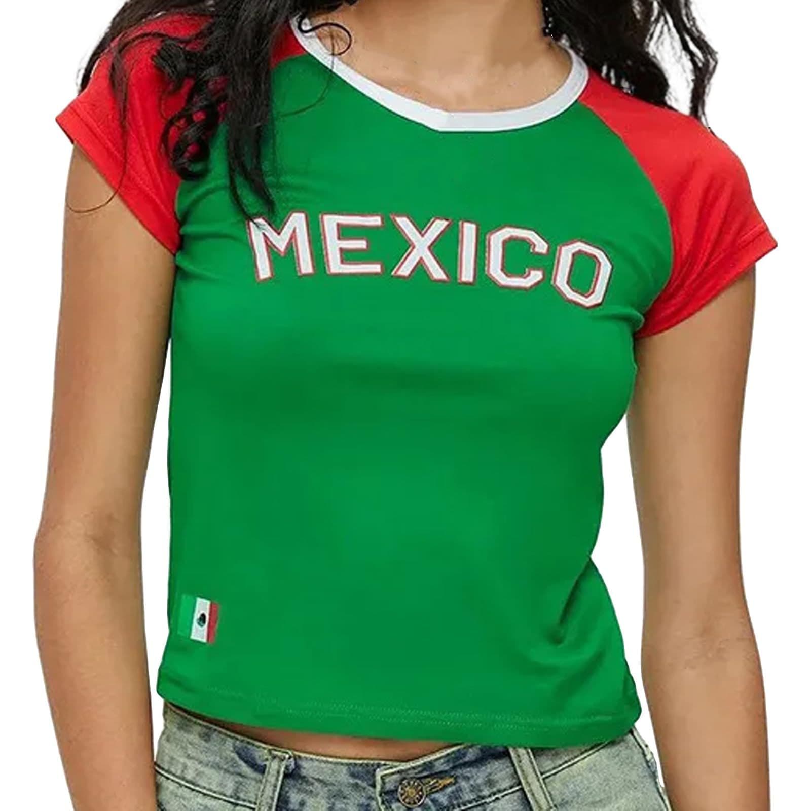 European and American Short Slim-Fitting Mexican Letter Tops Y2K Women's Summer T-Shirts with Exposed Navel Sexy Clothing Street Wear