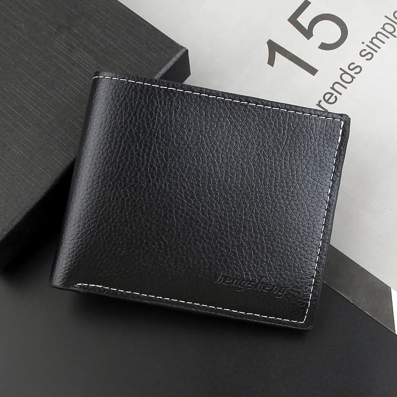 Men's Wallet Short Solid Color Lychee Pattern Business Wallet Ultra-Thin Cross-Border Foreign Trade Multi-Card Slot No-Clasp PU Dollar Clip